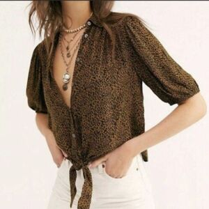 Free People Celia fatigue combo leopard print tie front blouse nwt new medium M